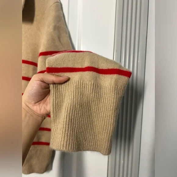 Banana Republic Cream Striped 100% Cashmere Quarter-Zip sweater size Medium chic - Picture 10 of 11